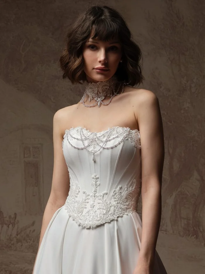 Bride with a wavy short bob posing against a muted mural backdrop, wearing the Seattle choker by Maggie Sottero, a high lace collar with draped pearl strands and teardrop pearls. The pearl swags echo those along the neckline of the boned corset on the Seattle ballgown.