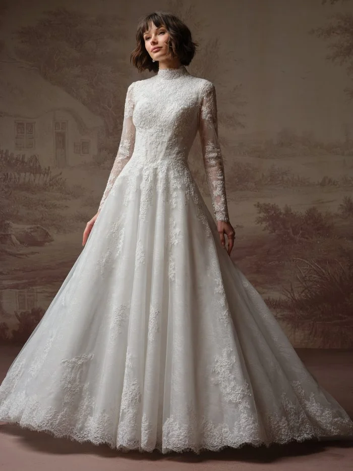 Bride wearing Dominique by Maggie Sottero, a romantic lace ballgown wedding dress with long sleeves and a voluminous skirt.