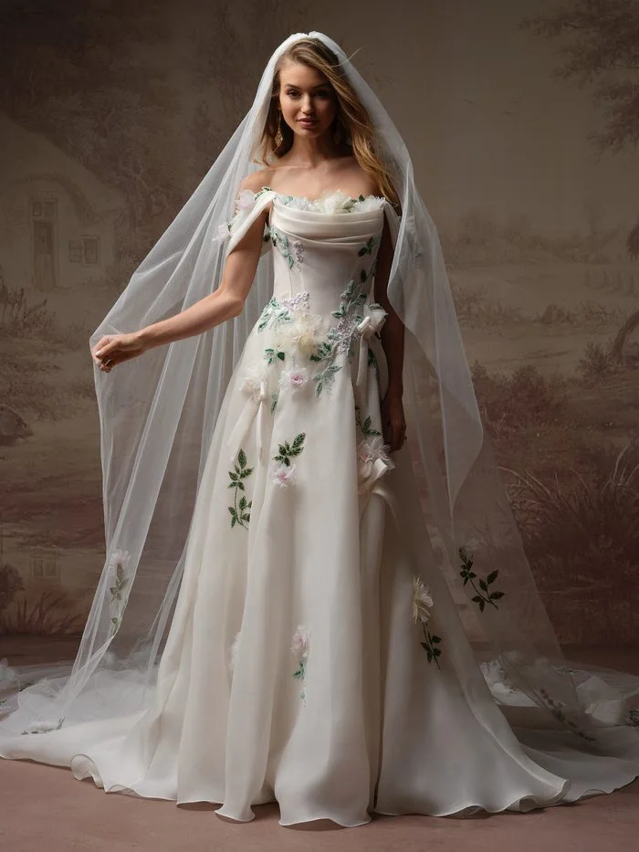 Bride wearing Amaryllis by Sottero and Midgley, a whimsical floral A-line wedding gown with a structured basque waist.