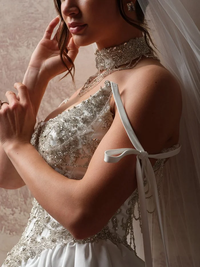 Matching Aelarion wedding dress choker by Sottero and Midgley, featuring intricate silver beading and sparkling embellishments layered around the neck. The accessory is shown paired with the coordinating Aelarion gown, highlighting the silver-beaded bodice detailing, ribbon-tie shoulder straps, and elegant bridal styling in a studio portrait.