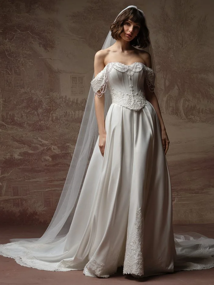 Seattle by Maggie Sottero in Ivory, a ballgown wedding dress featuring a strapless corset-inspired bodice adorned with intricate pearl and crystal beading, delicate draped beadwork along the neckline, and detachable off-the-shoulder beaded sleeves. The full satin skirt flows into a chapel-length train, with subtle lace appliqués peeking through the front slit. Photographed with a coordinating veil against a vintage-inspired studio backdrop, the gown showcases a regal silhouette and richly embellished bridal detailing.