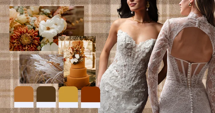 Autumn wedding color palette inspiration board featuring warm caramel, chocolate brown, golden mustard, and burnt orange tones. Close-up images of seasonal florals, pampas grass, and a terracotta wedding cake create a cozy harvest-inspired aesthetic against a textured neutral plaid background. On the right, two Maggie Sottero wedding dresses are showcased: Estelle by Maggie Sottero, a fitted lace gown with a sweetheart neckline and dimensional floral appliqués, and Jovienne by Maggie Sottero, a lace gown with long sleeves, an illusion open-back detail, and a row of covered buttons. Four coordinating color swatches complete the fall wedding palette.