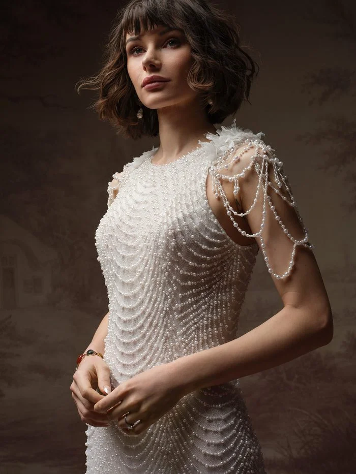 Oleta by Sottero and Midgley in Ivory over Blush, a fitted sheath wedding dress featuring intricate silver and pearl beading arranged in cascading art deco-inspired patterns across the bodice and skirt. Delicate floral accents at the shoulders lead to draped pearl-beaded strands that create a statement sleeve effect. The gown is photographed in a studio setting with a softly textured backdrop, highlighting its dimensional embellishments and elegant silhouette.