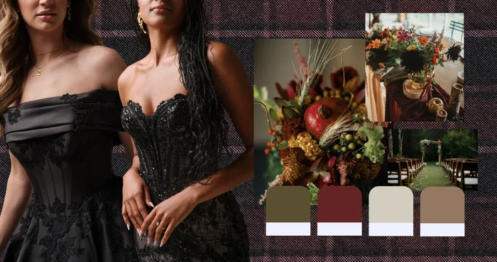 Moody autumn wedding color palette inspiration board featuring olive green, deep burgundy, warm taupe, and ivory tones. Seasonal florals with pomegranates, berries, dried grasses, and rich foliage are paired with an elegant tablescape and an outdoor ceremony aisle lined with wooden chairs. On the left, Serafina by Maggie Sottero showcases a black off-the-shoulder gown with draped sleeves and floral lace appliqués. On the right, Benjie by Maggie Sottero features a fitted black gown with a sparkling embellished corset bodice and intricate lace detailing. Four coordinating color swatches are displayed against a textured plaid background, creating a dramatic fall wedding aesthetic.