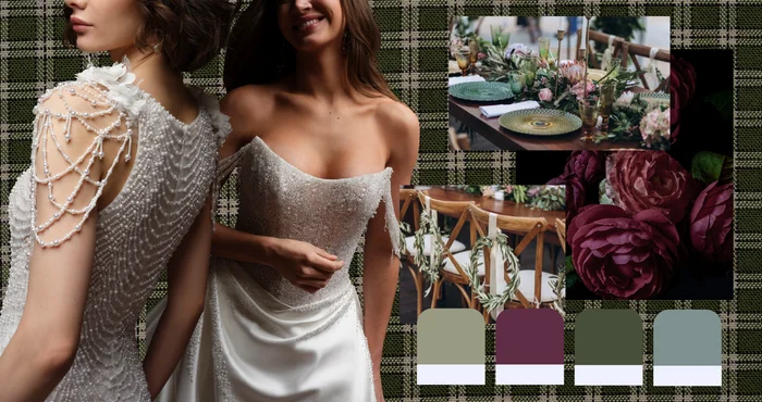 Moody fall wedding color palette inspiration board featuring olive green, plum, sage, and muted blue-gray tones. Rich burgundy garden roses, elegant reception table settings, and greenery-adorned wooden chairs are arranged against a textured green plaid background. On the left, Oleta by Sottero and Midgley showcases intricate pearl-beaded embellishments and dimensional floral details across the shoulders and bodice. On the right, Rumi by Sottero and Midgley features a sparkling draped sweetheart neckline with delicate off-the-shoulder straps and a softly gathered satin skirt. Four coordinating color swatches complete the autumn-inspired design.