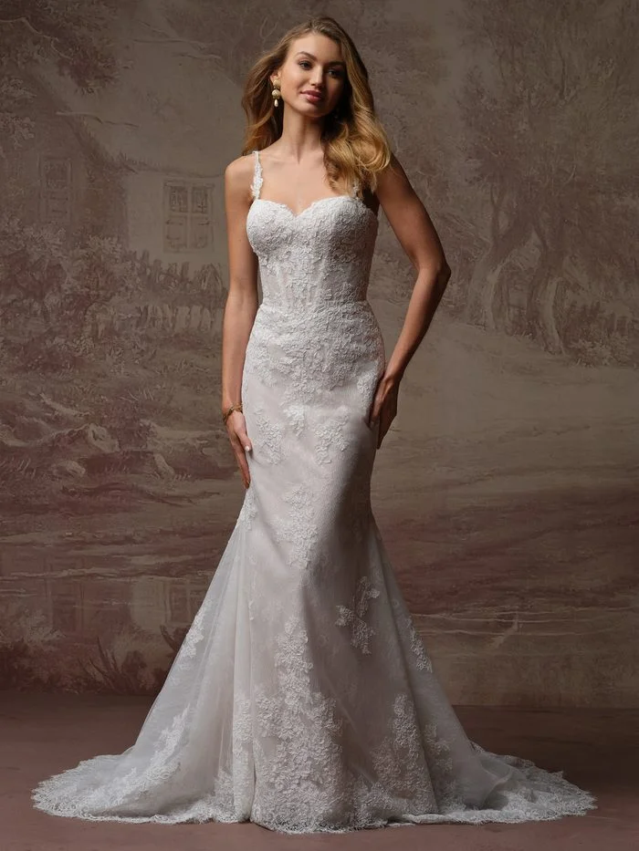 Rebecca Ingram Esmeralda Lane fit-and-flare wedding gown with floral lace appliqués, delicate straps, and a figure-flattering silhouette for petite brides.
