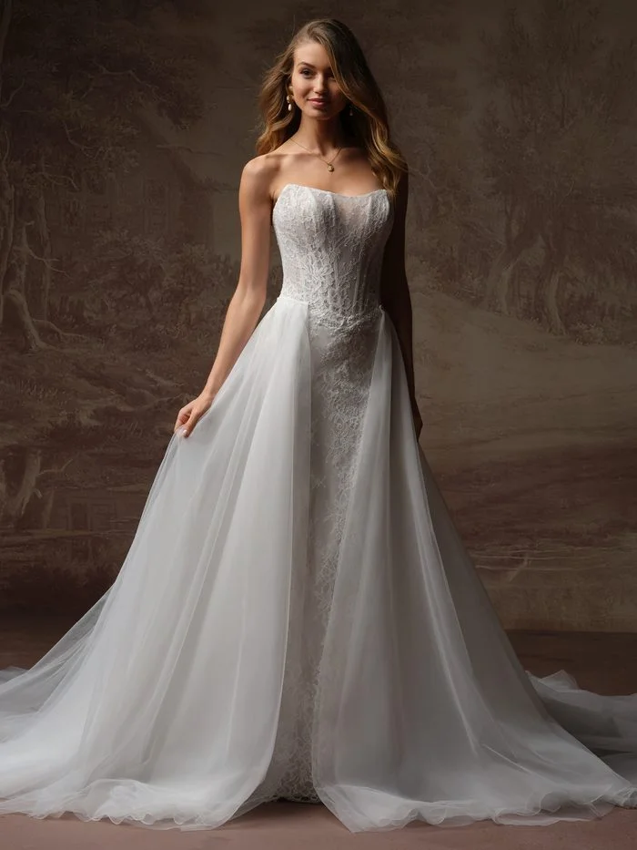 Front view of the Essentials Edit Wedding Dress Train paired with a coordinating wedding gown. The detachable overskirt features soft layers of sheer tulle that flow from the waist into a sweeping train, creating an A-line silhouette over the fitted lace gown beneath. The look combines the sleek fit of a strapless lace sheath gown with the added volume and drama of a removable tulle train.