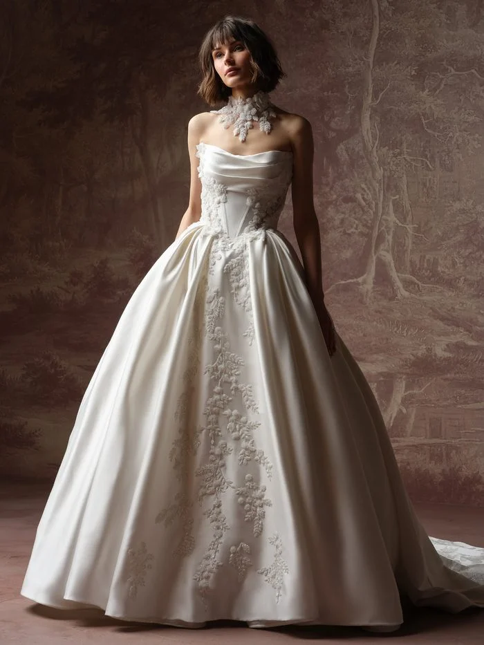 Sottero and Midgley Burke Lane wedding dress featuring a dramatic ballgown silhouette, strapless neckline, and romantic floral detailing.