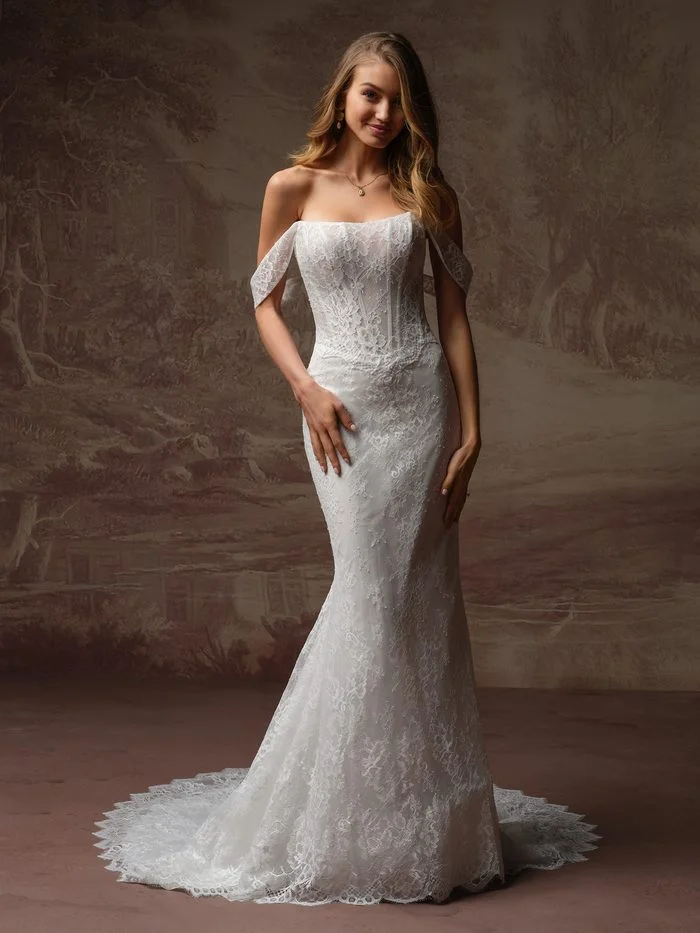 Samira boho lace fit-and-flare wedding dress with detachable off-the-shoulder sleeves, showcasing an illusion corset bodice, allover floral lace, and a fitted silhouette that flares into a delicate lace train.