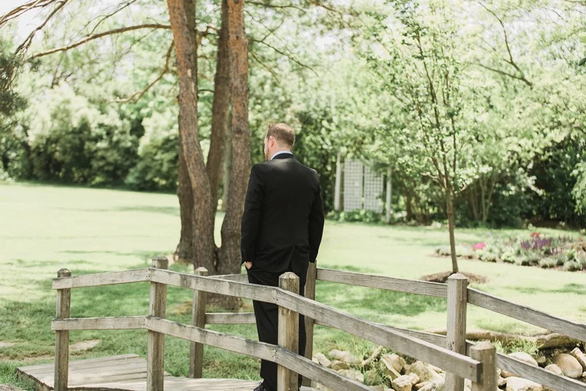 Wedding First Look - A Romantic Modern-Vintage Wedding with an Elegant Barn Reception