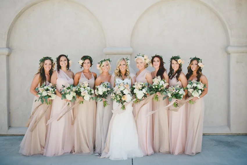 Elegant Boho Vintage Bridesmaids in Rose Quartz Bridesmaid Dresses // Photography by Onelove Photography http://www.onelove-photo.com