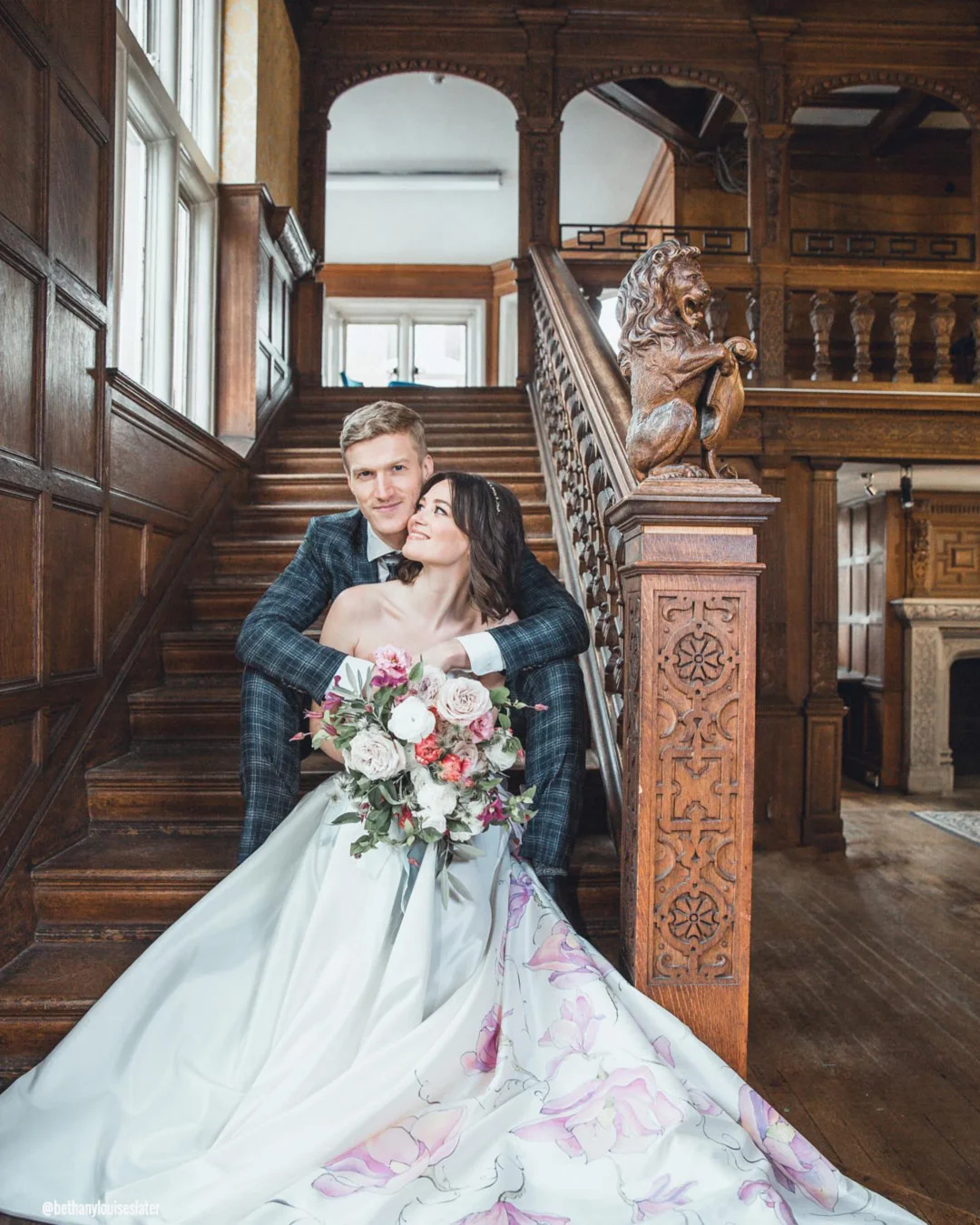 castle wedding venues in london indoor bride groom stairs bethanylouiseslater