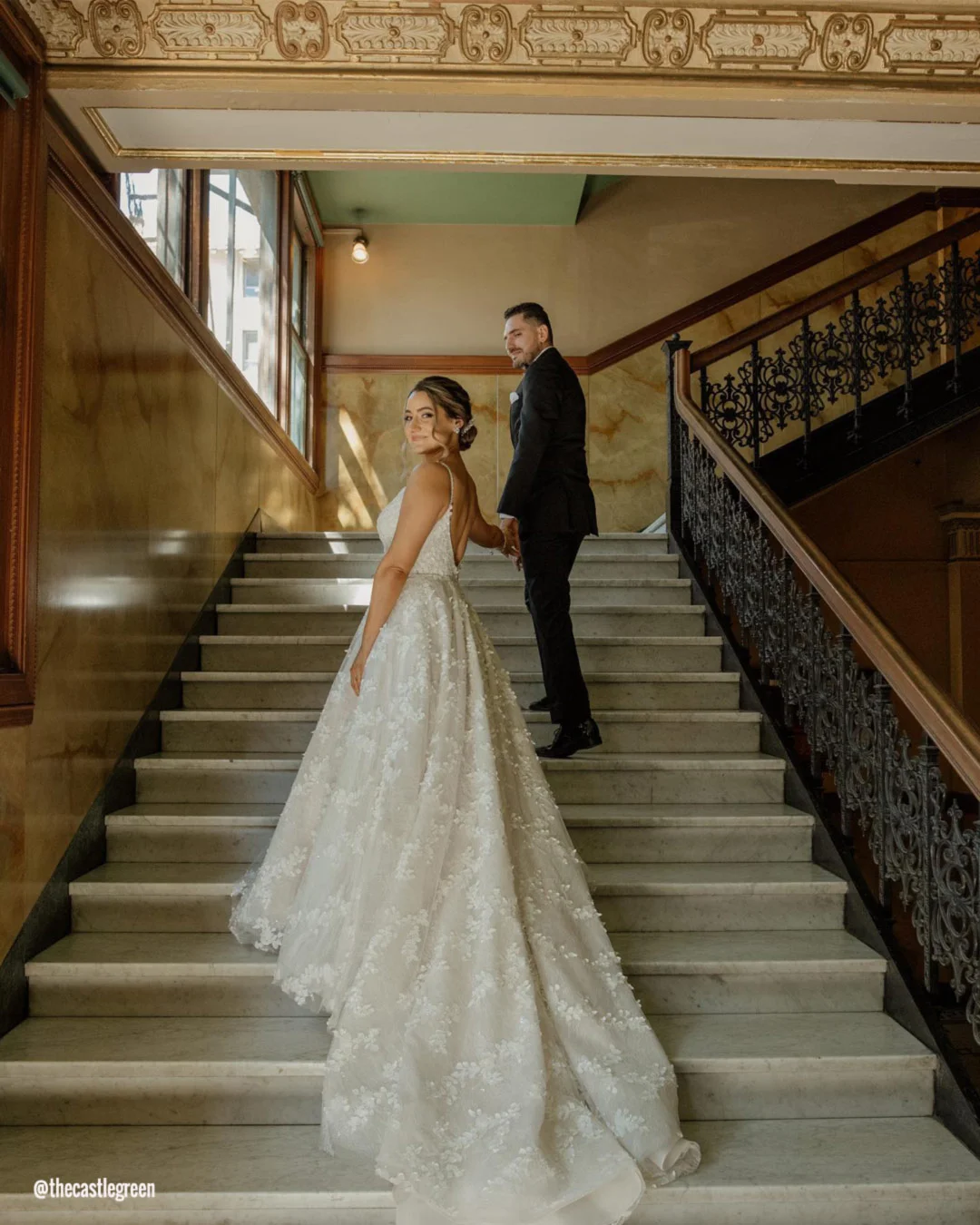 los angeles wedding venues stairs bride groom thecastlegreen