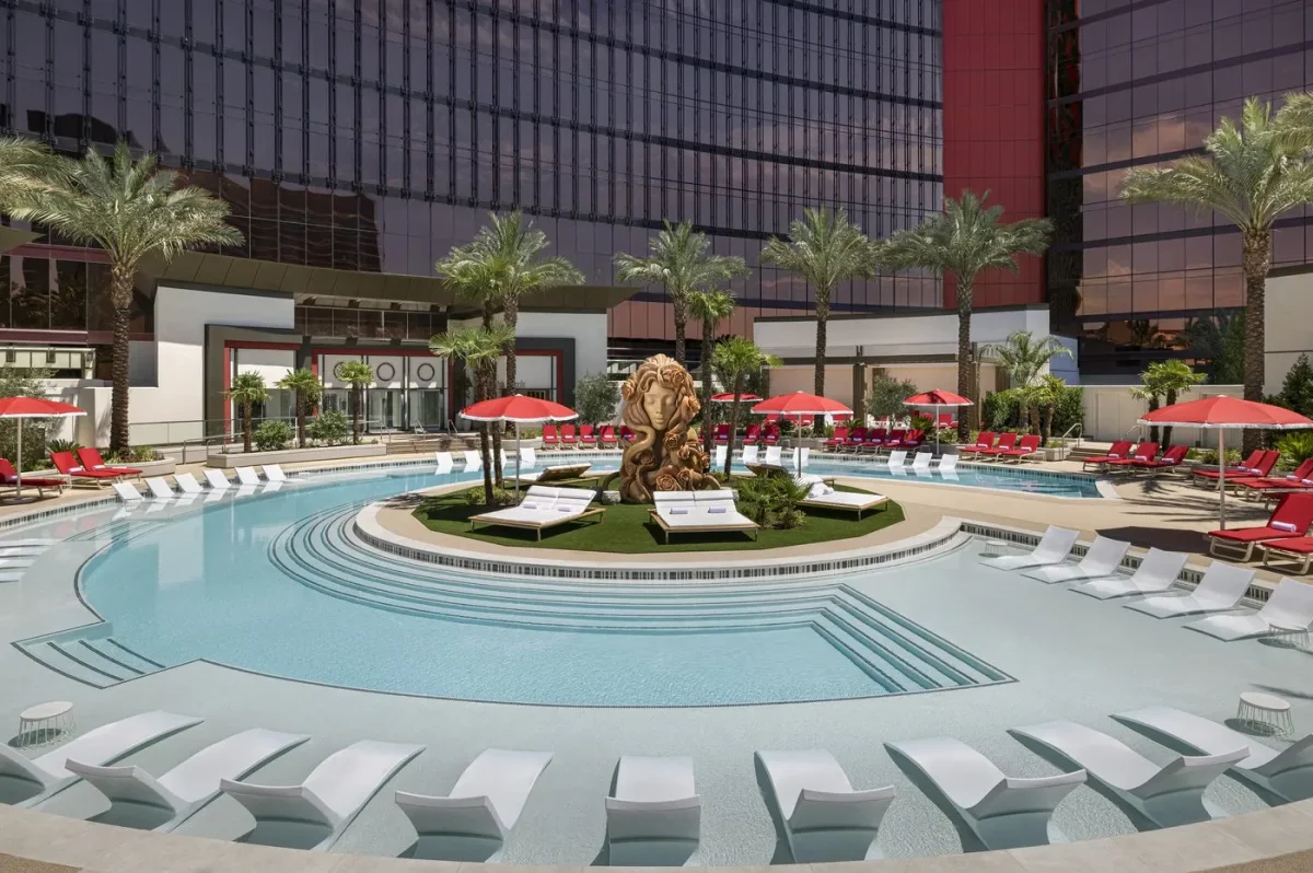 The main pool at Resorts World Las Vegas overlooking the Strip.