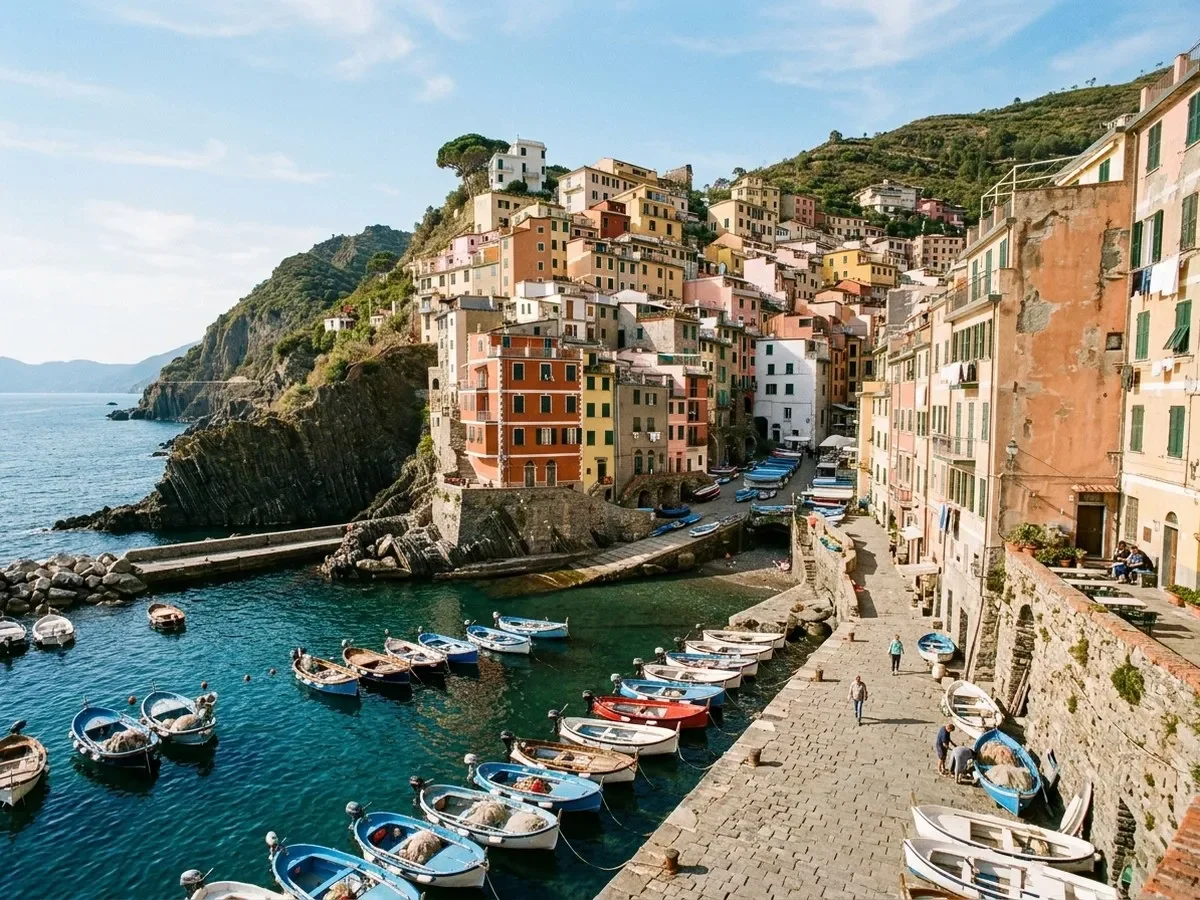 Pastel-colored cliffside houses and traditional fishing boats in the harbor of Procida, Italy.