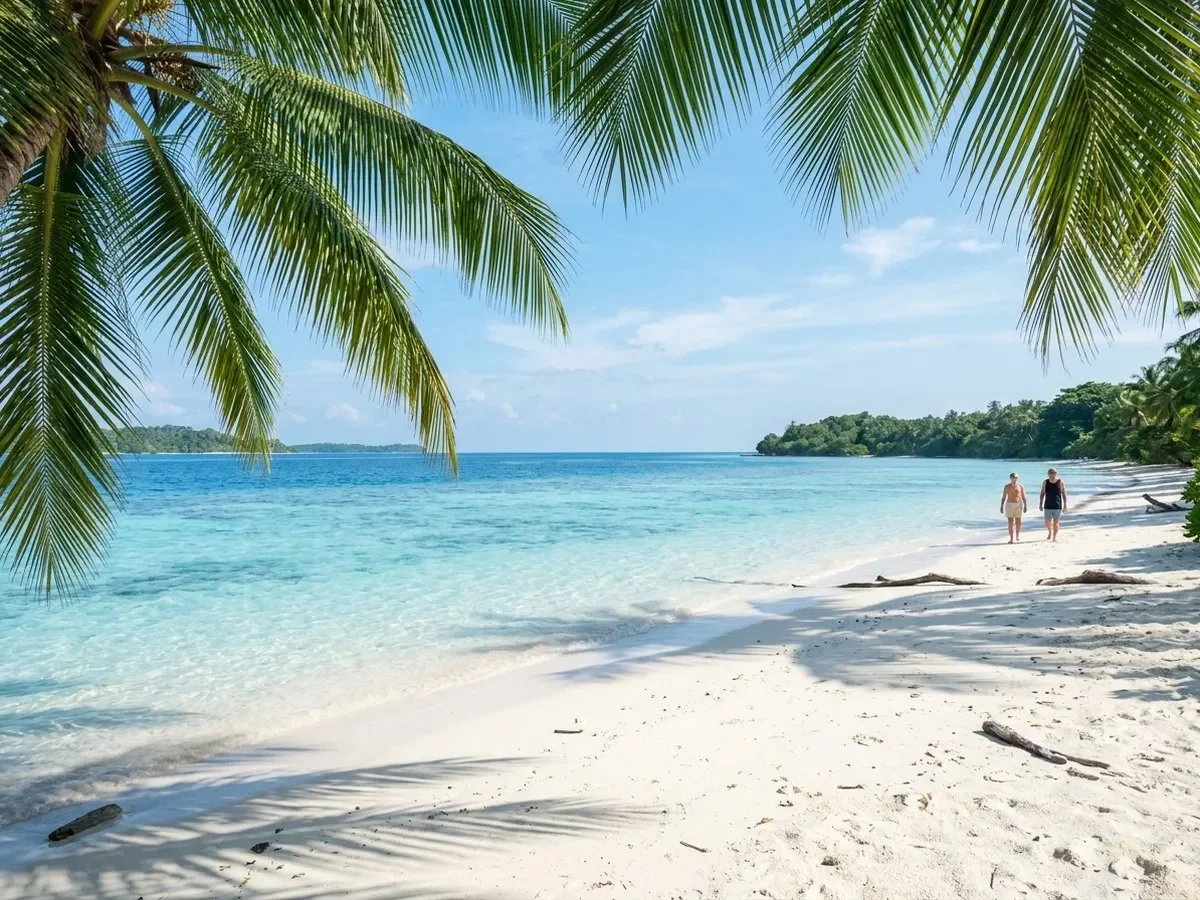 Sunlit turquoise ocean waters and white sand beach in Zanzibar with a wooden boat in the calm shallows.