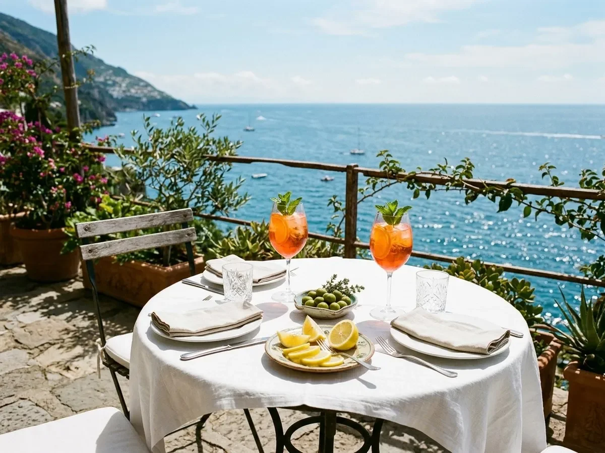 Sparkling wine, fresh olives, and bread on a sunlit seaside terrace table with bougainvillea.