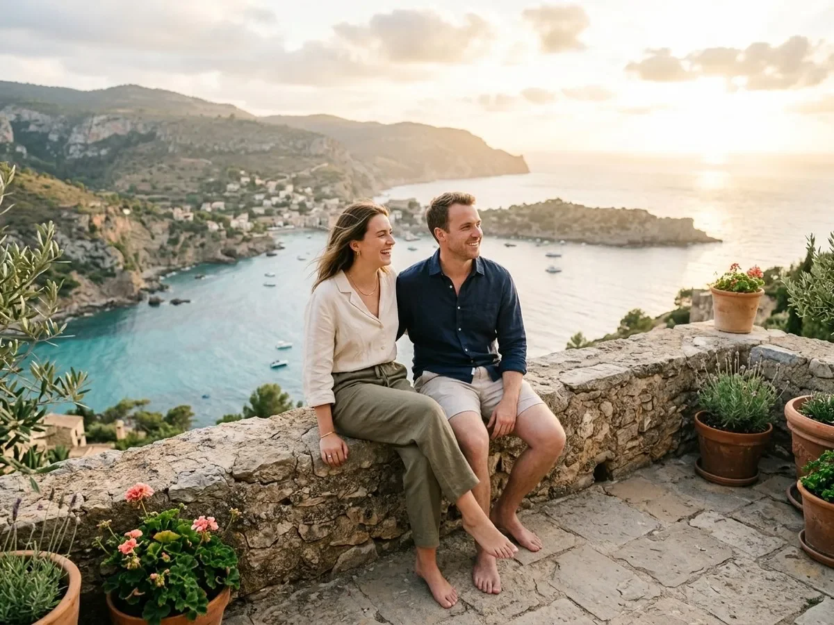 A couple standing by a stone railing overlooking a scenic coastal bay and mountain landscape at golden hour.