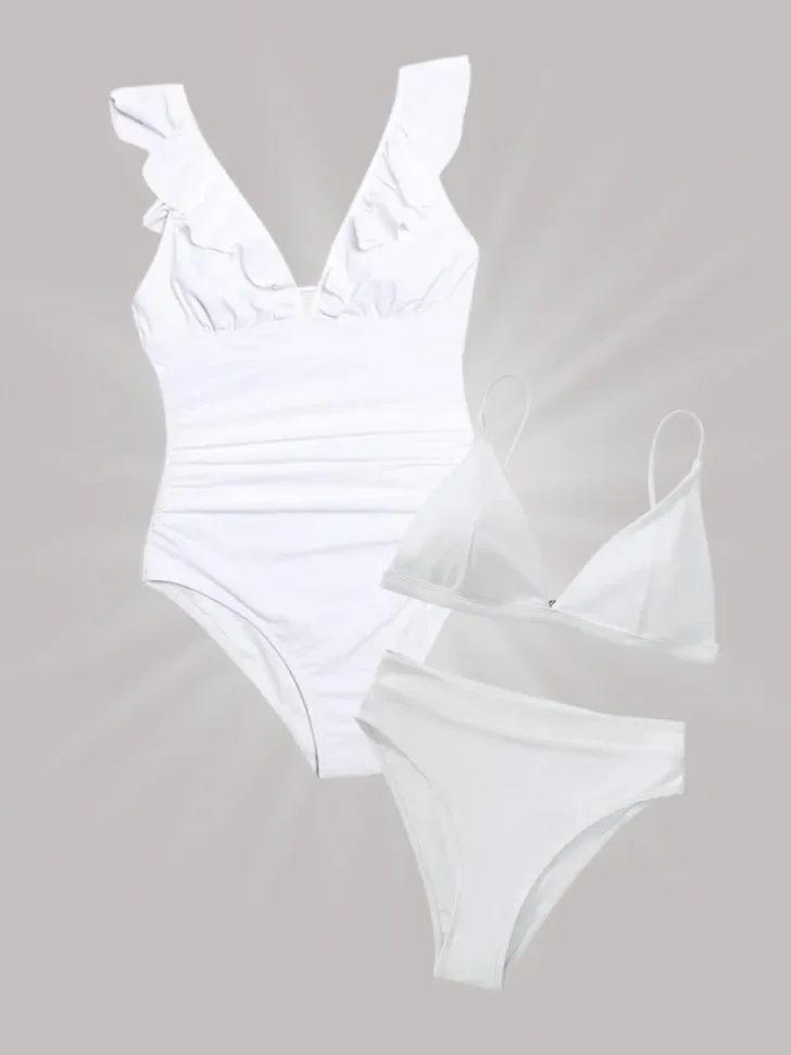 White ruffled one-piece swimsuit alongside a matching two-piece bikini with a triangle top and high-waisted bottoms.