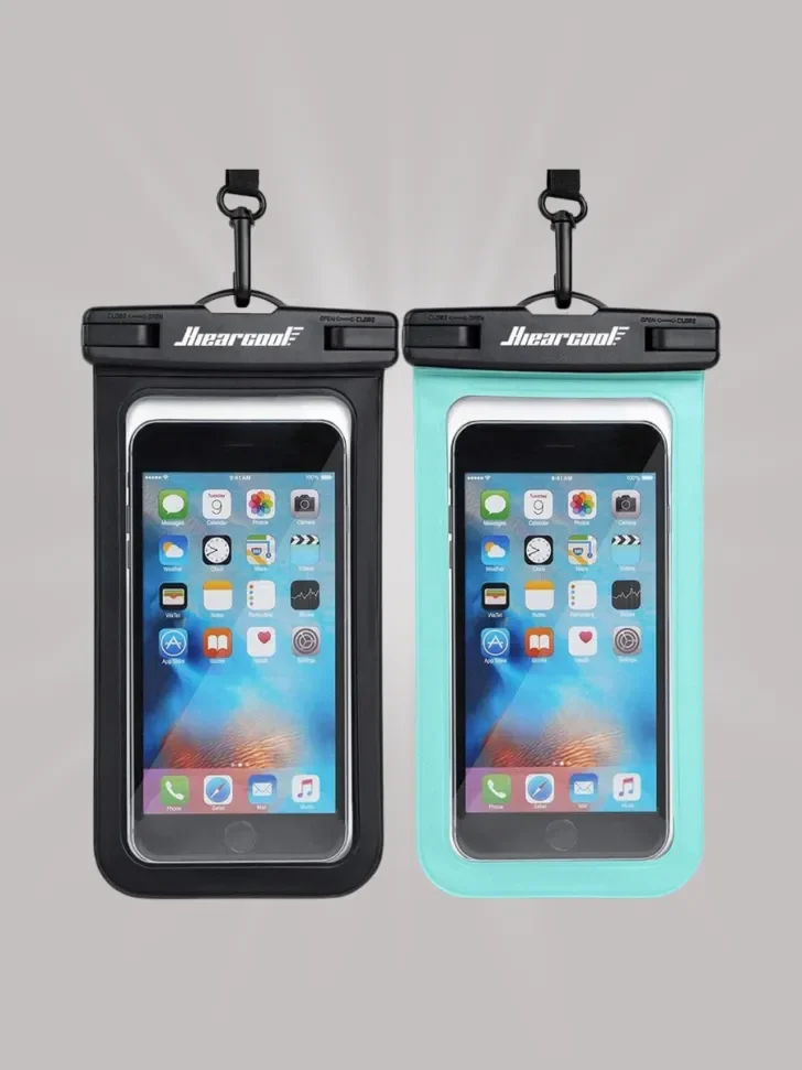 Two waterproof phone pouches, one in black and one in teal, with clear front and back panels, featuring secure clip closures and lanyards for carrying.