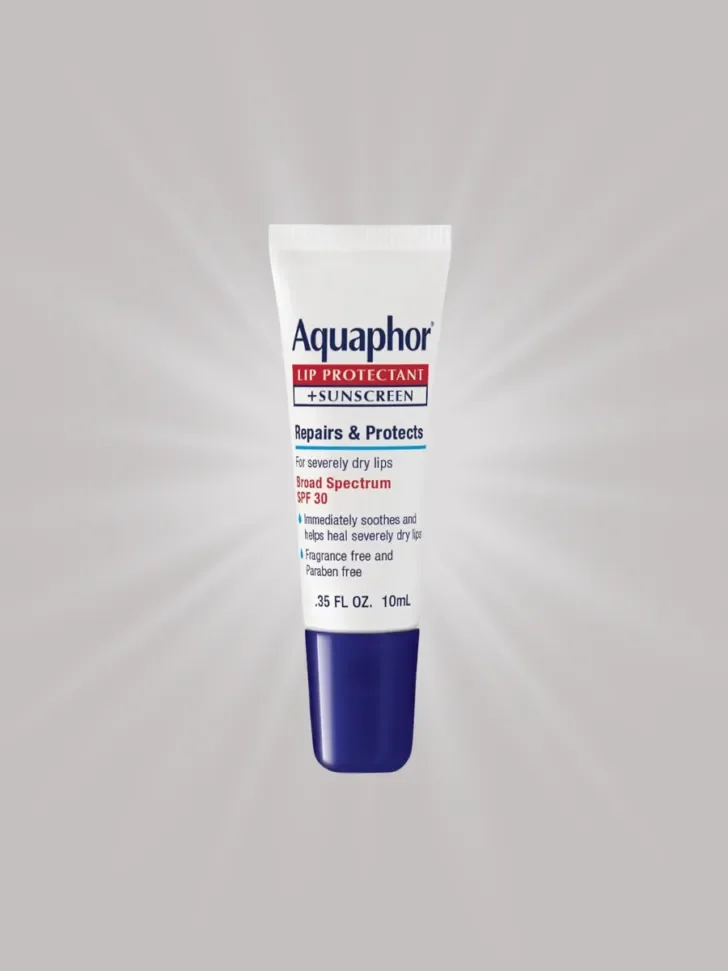 A tube of Aquaphor Lip Protectant + Sunscreen, featuring SPF 30 protection, designed to repair and protect severely dry lips.