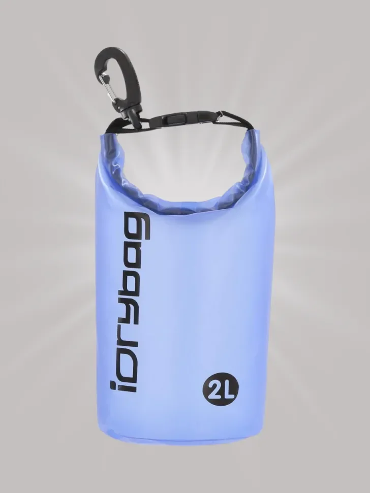 Light blue 2L waterproof dry bag with black text and a carabiner clip attached to the top.